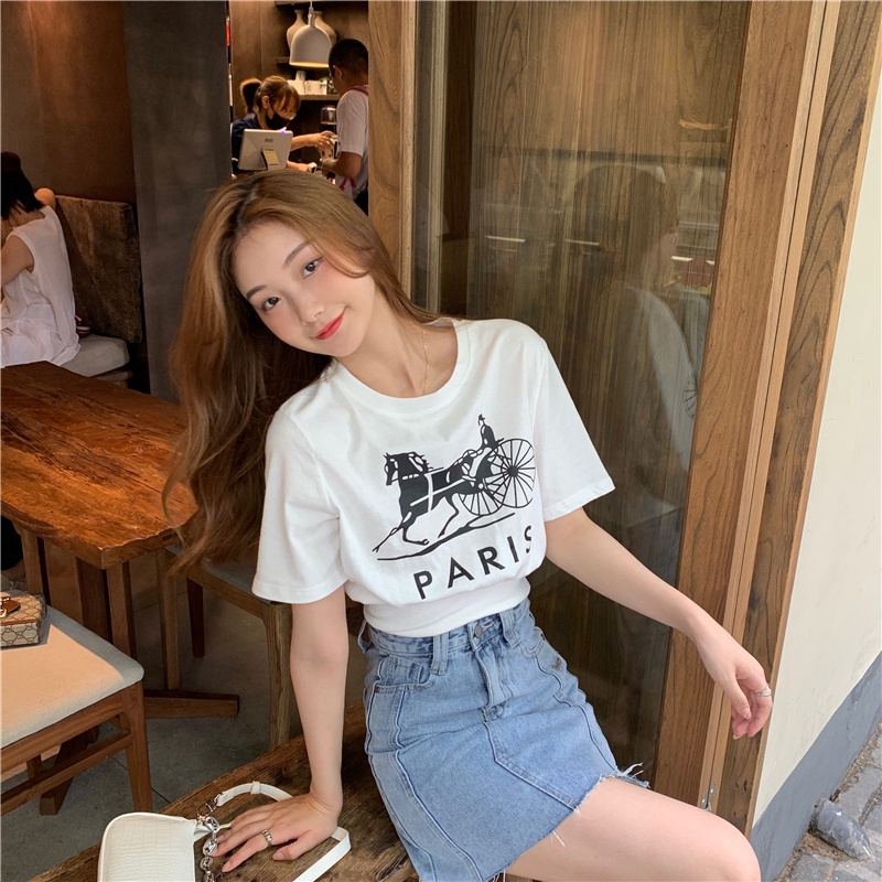 Áo thun ngắn tay cổ tròn họa tiết thời trang dành cho nữ