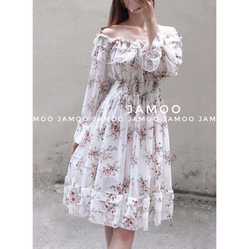 Váy hoa nhí siêu xinh _ Đầm hoa nhí trễ vai hai màu JAMOO (hình shop tự chụp/sẵn) | BigBuy360 - bigbuy360.vn