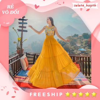 Đầm maxi xoè vàng cut out đi biển có mút ngực