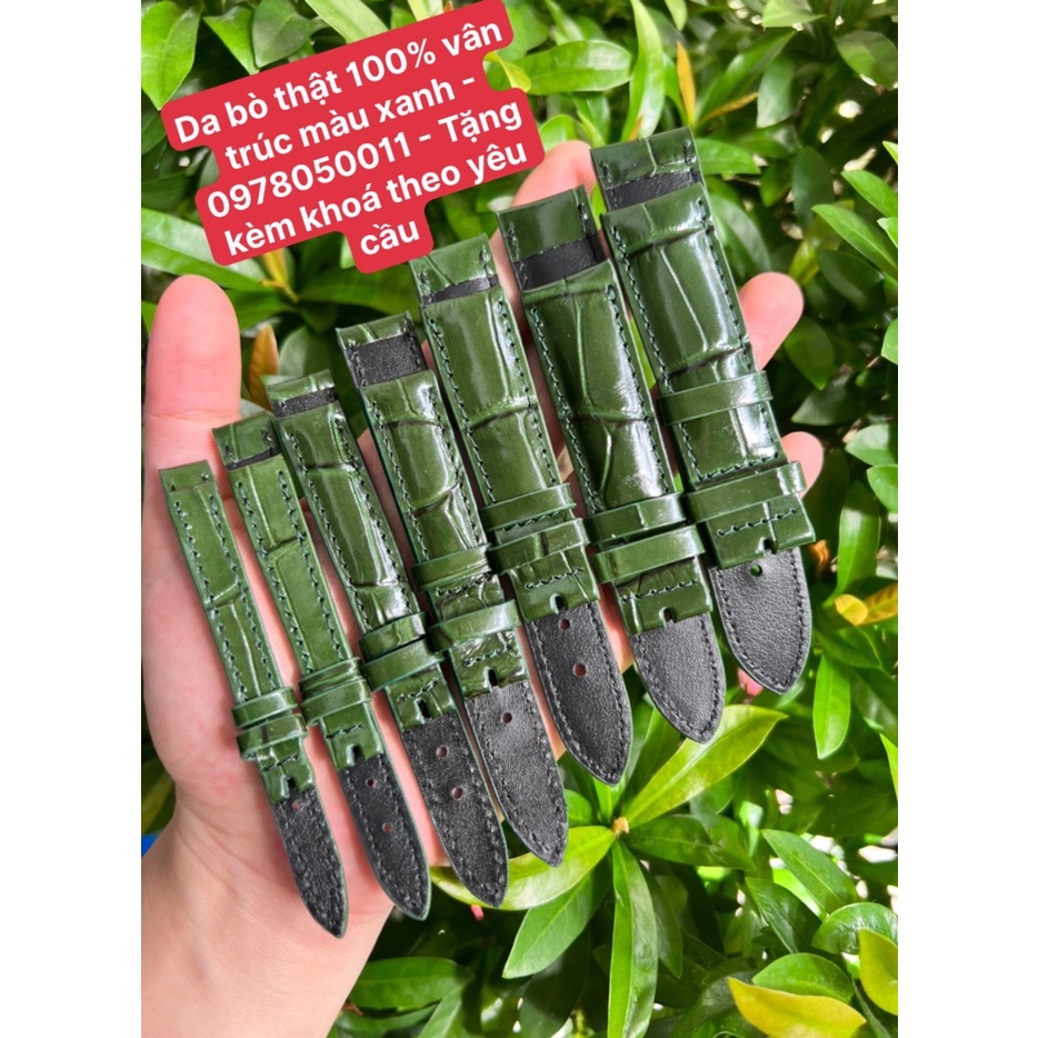 (Tặng đồ thay dây và khoá theo yêu cầu) Dây da bò thật màu xanh lá cây vân size 12 14 16 18 20