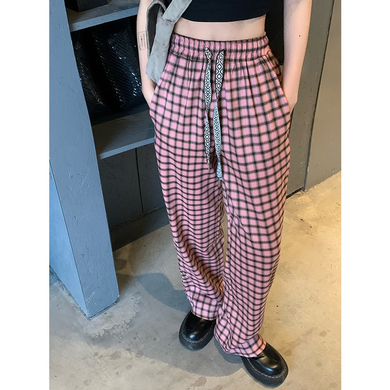 【ZHELIHANGFEI】Quần Dài Lưng Cao Ống Rộng Họa Tiết Sọc Caro Phong Cách Mỹ