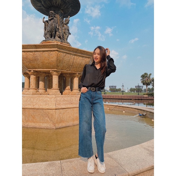Quần jean nữ ống rộng REVERCLOTHINGS, cotton co dãn tốt lưng cao, Kylie Jean, quần bò nữ