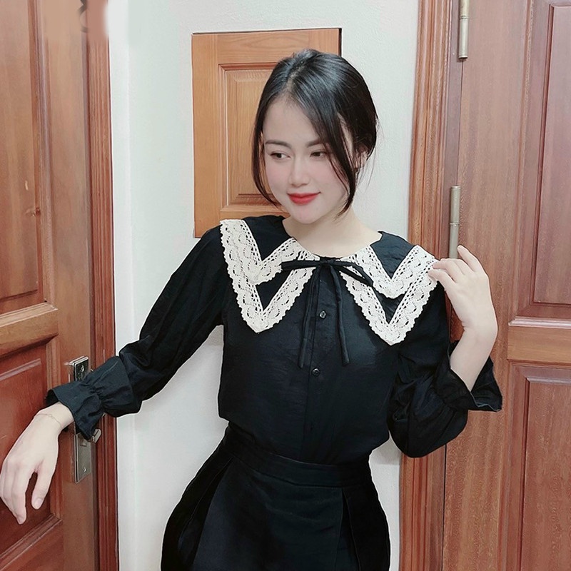 Áo Sơ Mi Nữ Kiểu Dài Tay Cổ Tròn Ren 2 Tầng - Màu Trắng Be Nâu Vàng Đen  - Hanlly Fashion Thời Trang - A32