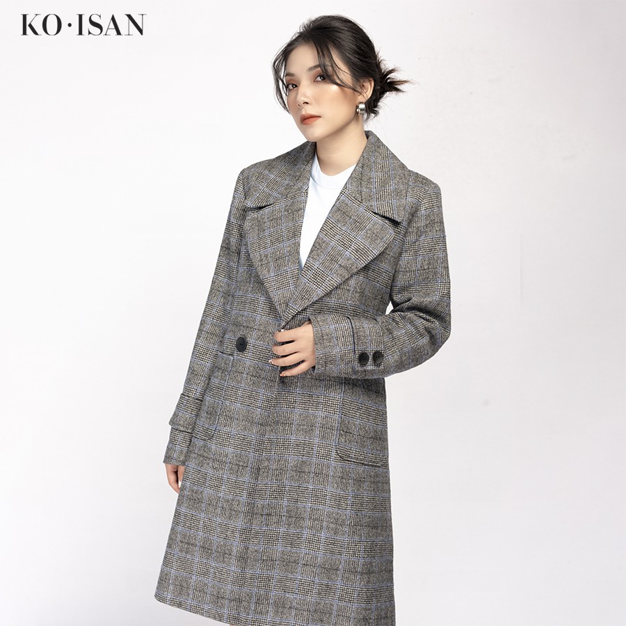 Áo khoác dạ nữ KO-ISAN dáng dài kẻ xám - 3300352-1