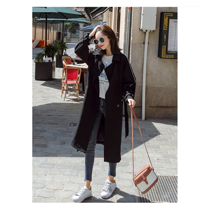 [free gift] Áo khoác gió dáng rộng màu đen thời trang thu đông phong cách Hàn Quốc cho nữ