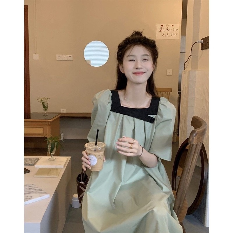 Plus Đầm Midi Cổ Vuông Tay Ngắn Dáng Rộng Thời Trang Mùa Hè Hàn Quốc 2022 Cho Nữ