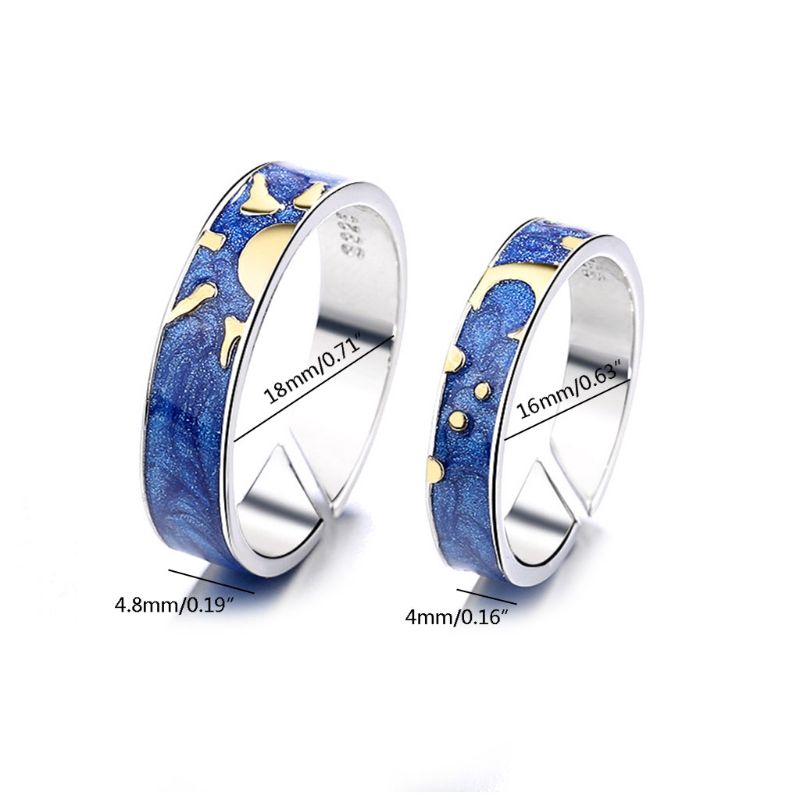 *2Pcs Van Gogh Blue Starry Sky Open Ring Star Moon Always Thinking You Lover Ring