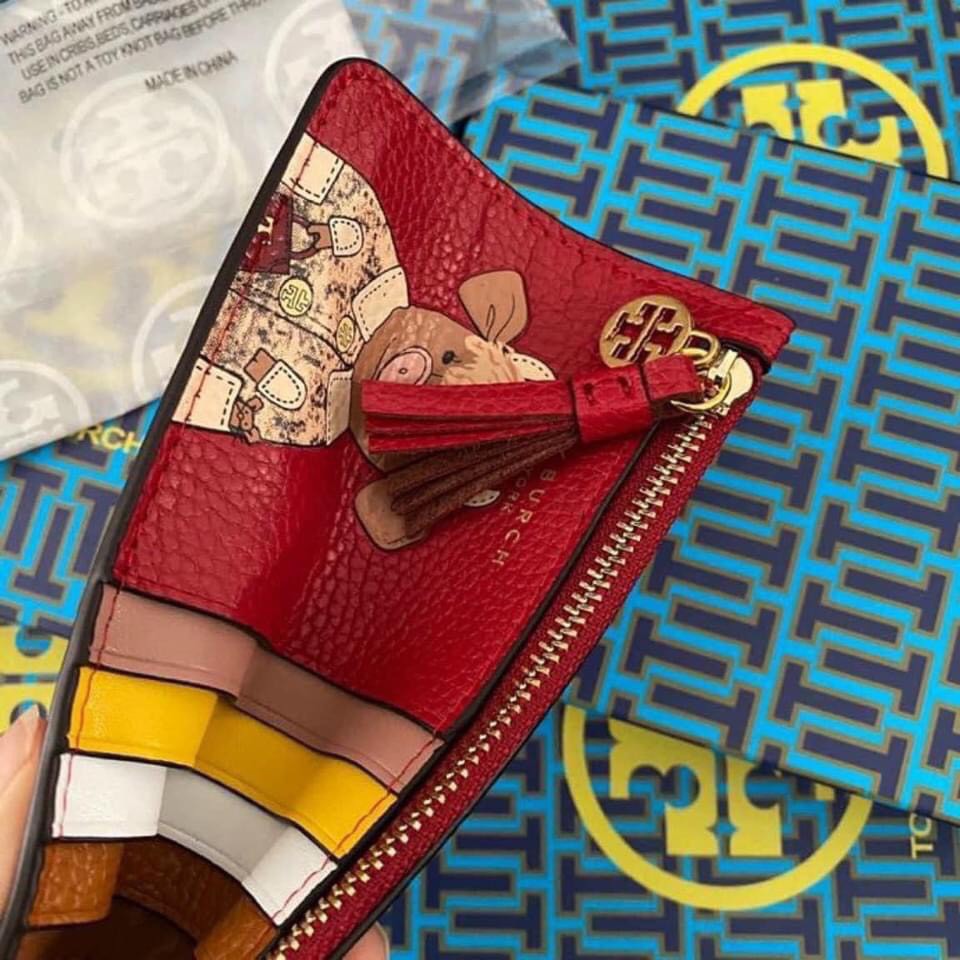 Ví Nữ cầm tay mini thời trang ngắn Tory Burch trâu đỏ bỏ túi nhỏ gọn nhiều ngăn da cao cấp đựng tiền thẻ