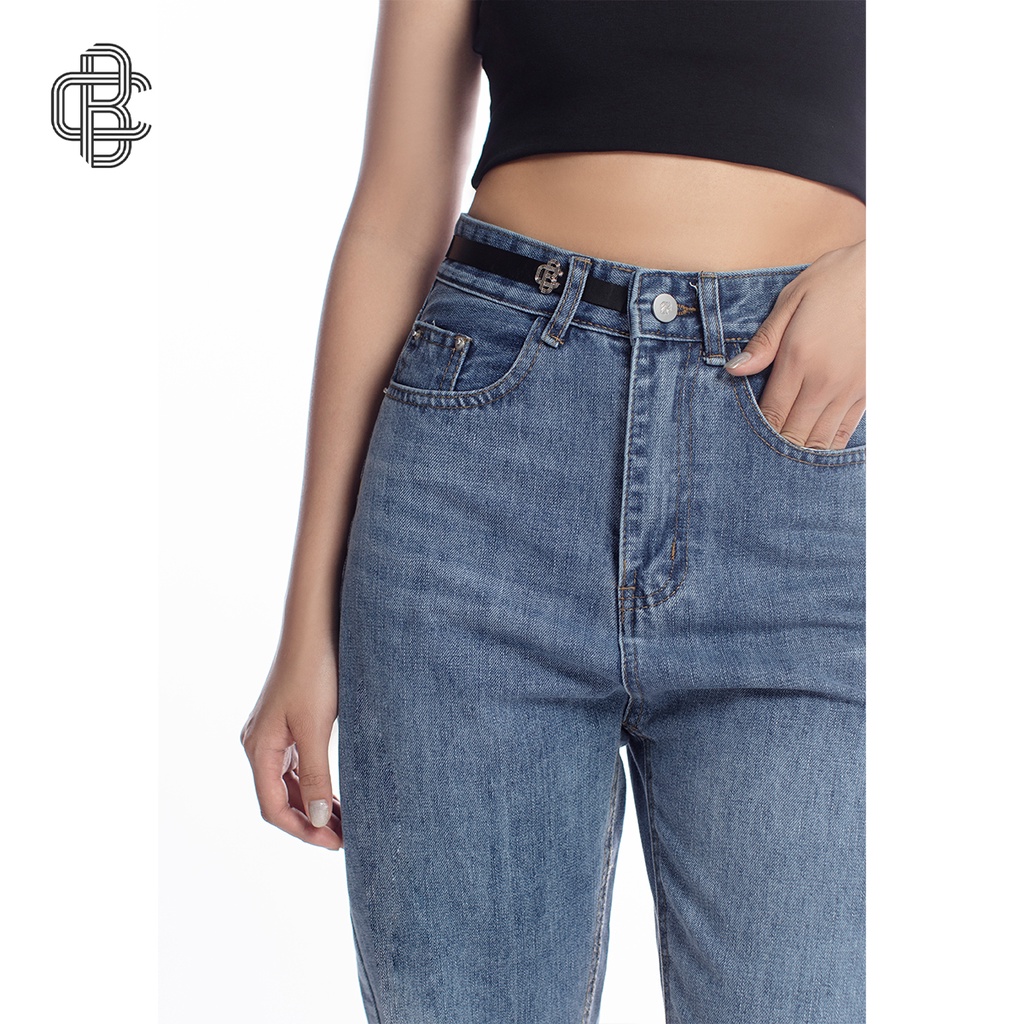 Quần baggy jean nữ - Quần bò cạp cao ống đứng gấu cuộn dễ phối đồ - La’coba