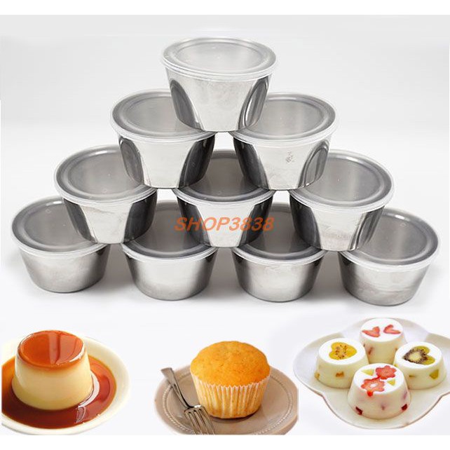 Combo 10 Khuôn Làm Bánh Flan Inox 304 Có Nắp Nhựa Khít Tặng 20 Khuôn Nhựa