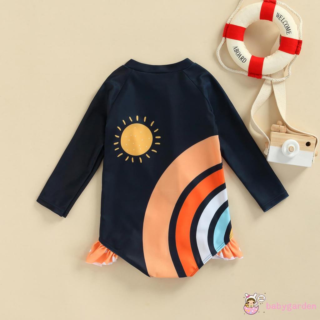 Bộ đồ bơi liền thân cổ tròn tay dài phối bèo in họa tiết cầu vồng dễ thương cho bé gái 2-7 tuổi
