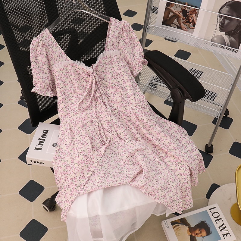 NUZIRO  Đầm Hoa Hai Dây Cổ Chữ V Màu Hồng Phong Cách Retro Hàng Mới Dành Cho Nữ