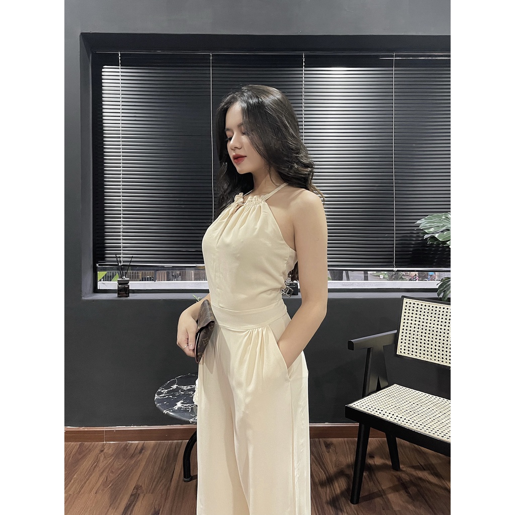 Bộ Jumpsuit áo bóp eo quần suông có túi tôn dáng, Sét áo liền quần nữ dài vải linen mềm mát không nhăn hàng sẵn màu kem