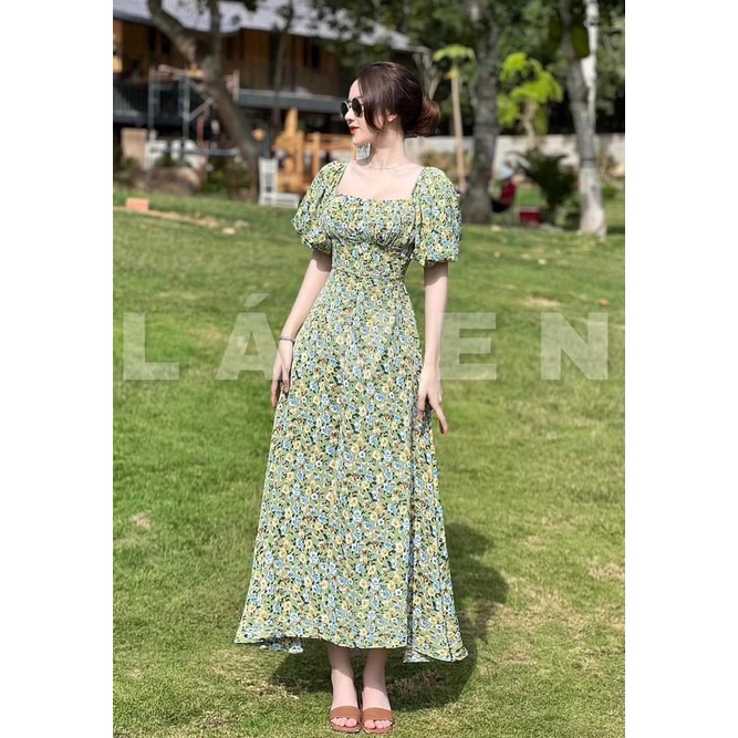 Váy hoa cổ vuông đầm xanh cúc bọc maxi dúm ngực xẻ tà 2 lớp hàng thiết kế sang chảnh-Minxy shop