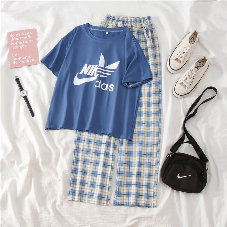 Sét áo Chữ N.k + quần kẻ xanh, Áo thun from rộng, Chất đẹp không xù, quần suông ống rộng, Sét bộ mặc ở nhà - MODY