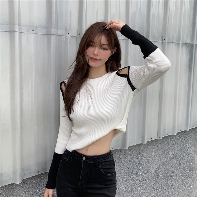 QADCOL Áo thun tay dài thiết kế khoét quyến rũ thích hợp cho phái nữ