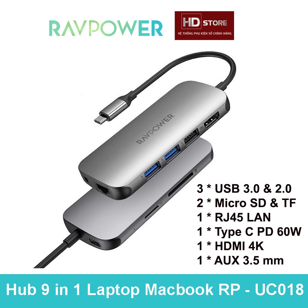 Hub RAVPower Type C  9 in 1 cho Laptop Macbook Air Pro Mac (Type-C to HDMI/ USB3.0/ LAN / PD 60W) Đầu chuyển đổi