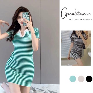 Gaeul store- đấm váy len body sọc kẻ ngang cổ polo