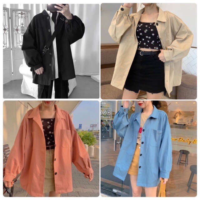 Áo khoác Sơ Mi Kaki Trơn Phối Túi Hàn Quốc Form Rộng Unisex Nam Nữ Ulzzang | BigBuy360 - bigbuy360.vn