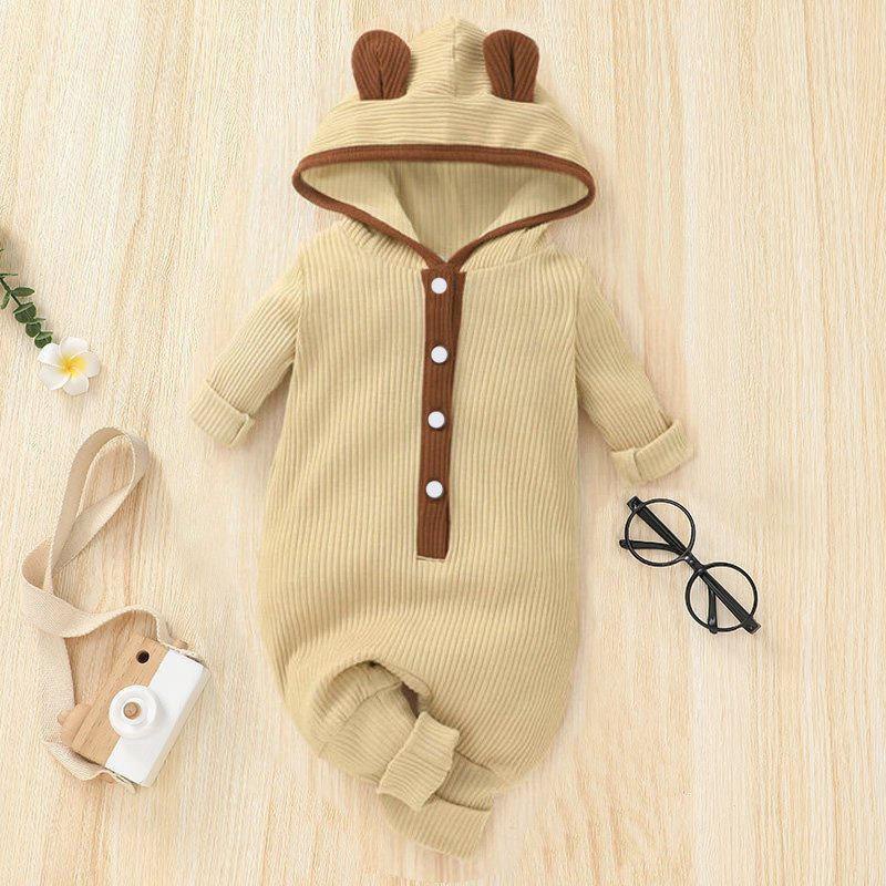 Áo Liền Quần Bé Gái, Bé Trai Sơ Sinh LOTUKA Chất Len Tăm, Bodysuit Có Mũ Cho Bé 3-12kg