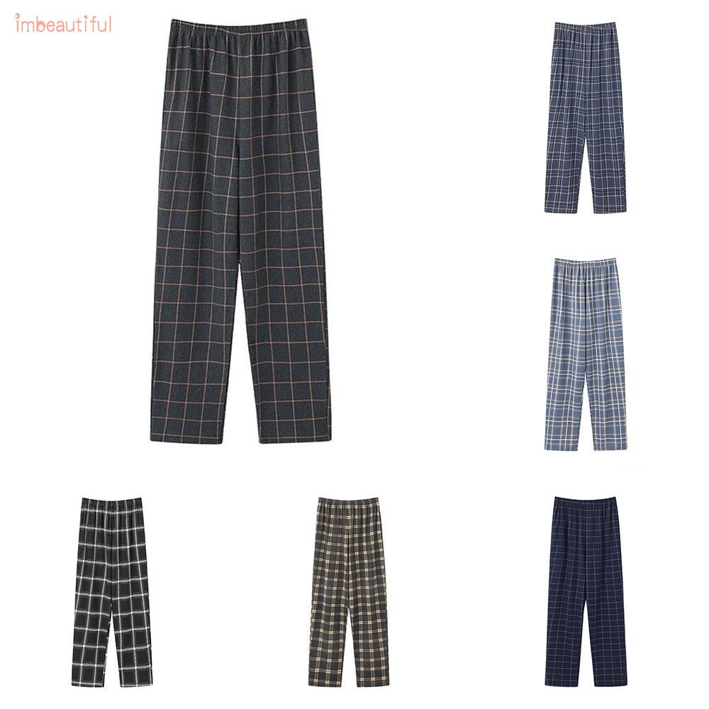 Quần dài mặc nhà vải cotton mỏng dáng rộng kẻ sọc ca rô thời trang mùa thu cho nam