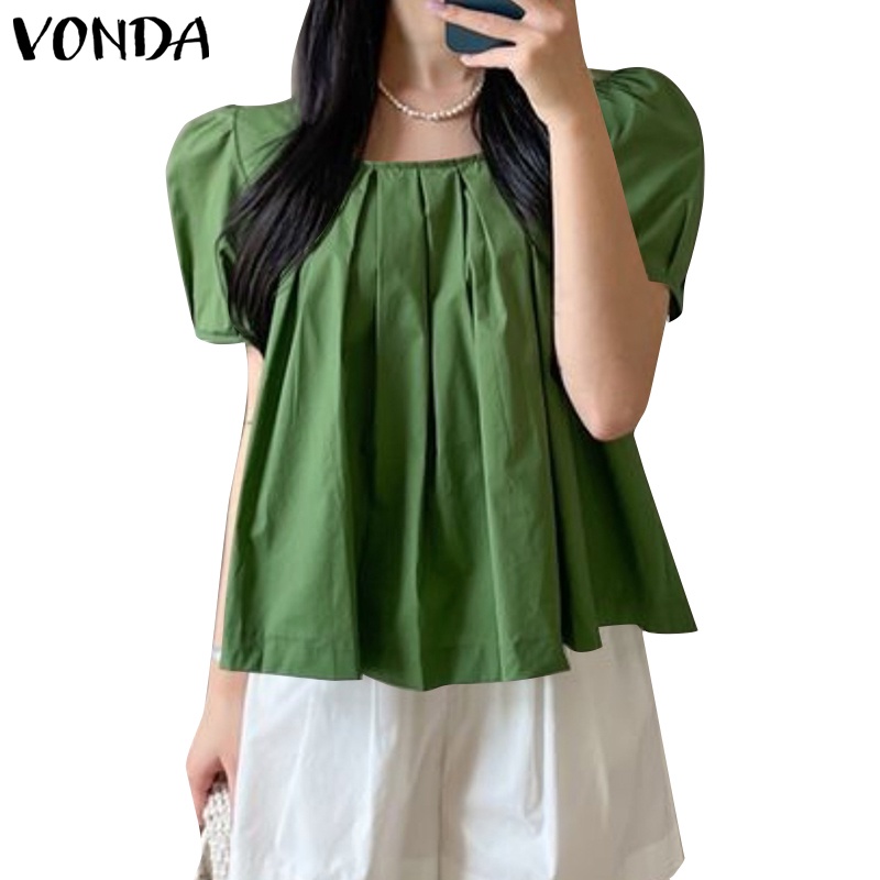 Áo kiểu VONDA tay ngắn phồng cổ vuông màu trơn phong cách Hàn Quốc thời trang dành cho nữ