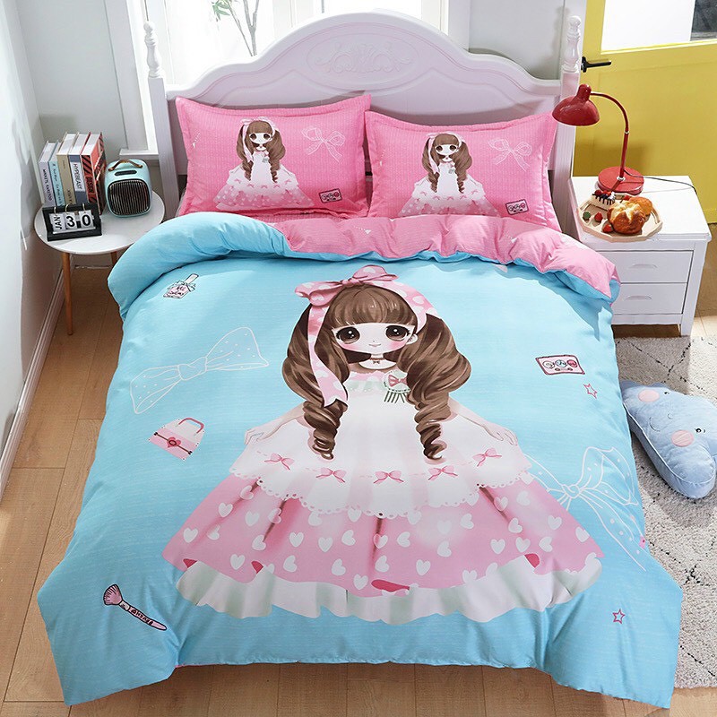 Trọn Bộ Chăn Ga Gối (Set 4) Cotton Tina MẪU CÔNG CHÚA XANH.Siêu Cute Dễ Thương. Phù Hợp Cho Cả Bé Trai Bé Gái Changhn