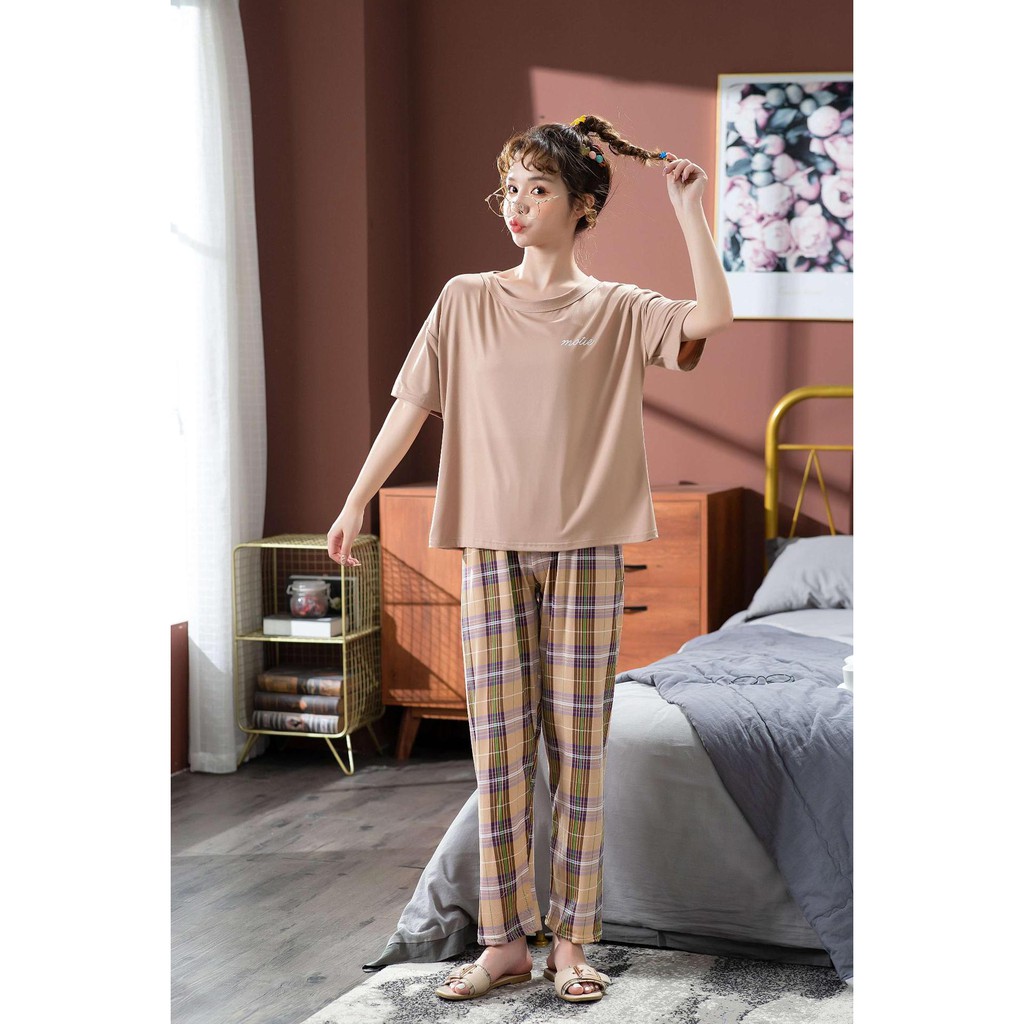 Bộ Ngủ, Set Mặc Nhà Cộc Dài Áo Trơn Quần Caro vải cotton thun sữa CDTT01