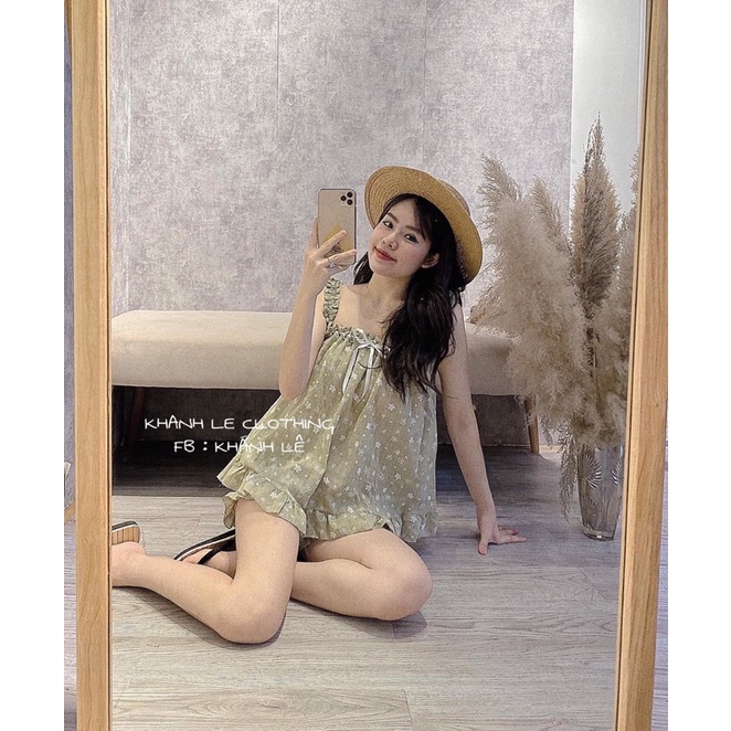 bộ đũi hoa nhí dây bèo phối ren ngực bộ nữ mặc ở nhà