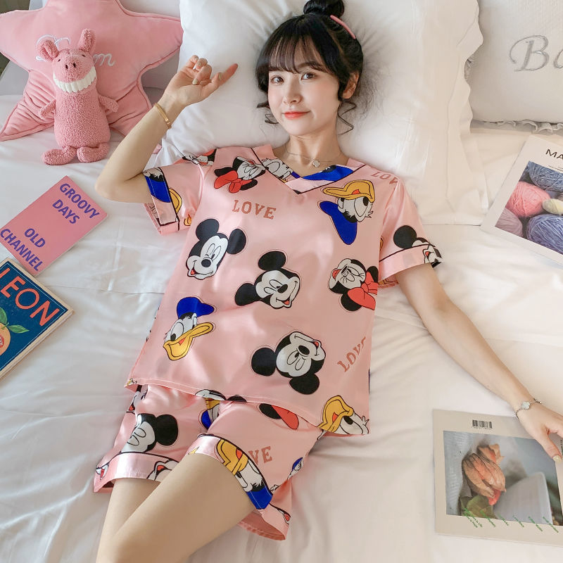 Bộ Đồ Ngủ Vải Lụa Lạnh In Họa Tiết Hoạt Hình Phong Cách Hàn Quốc Cho Nữ đồ mặc nhà thu đông lụa cặp đôi cao cấp nam áo nữ đồ bộ pyjama pijama Đồ ngủ đôi