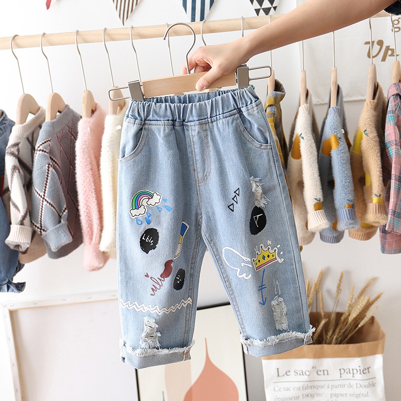 Quần Short Jean Co Dãn Họa Tiết Hoạt Hình Cho Bé Gái 2-13 Tuổi
