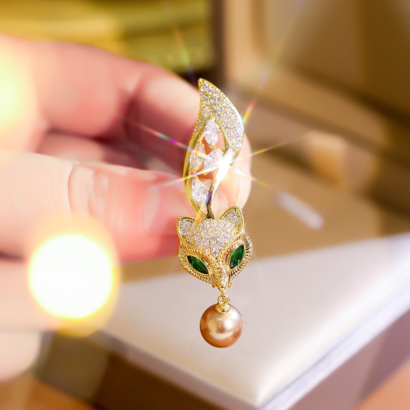 [Jiudolan] Trâm Cài Áo Hình Cáo Vàng Đính Đá Zircon Xanh Lá Tinh Tế Cao Cấp Hàn Quốc Cho Nữ