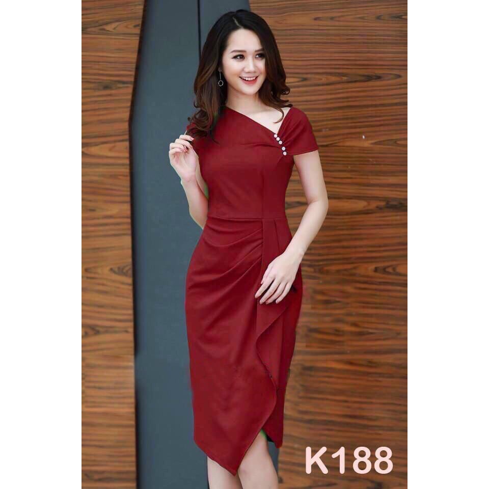 Váy đầm nữ dáng ôm vai đính cườm chất umi co dãn thích hợp mặc đi tiệc