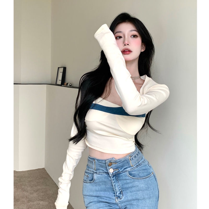 Áo thun COZOK tay dài cổ vuông form ôm phối màu tương phản thời trang