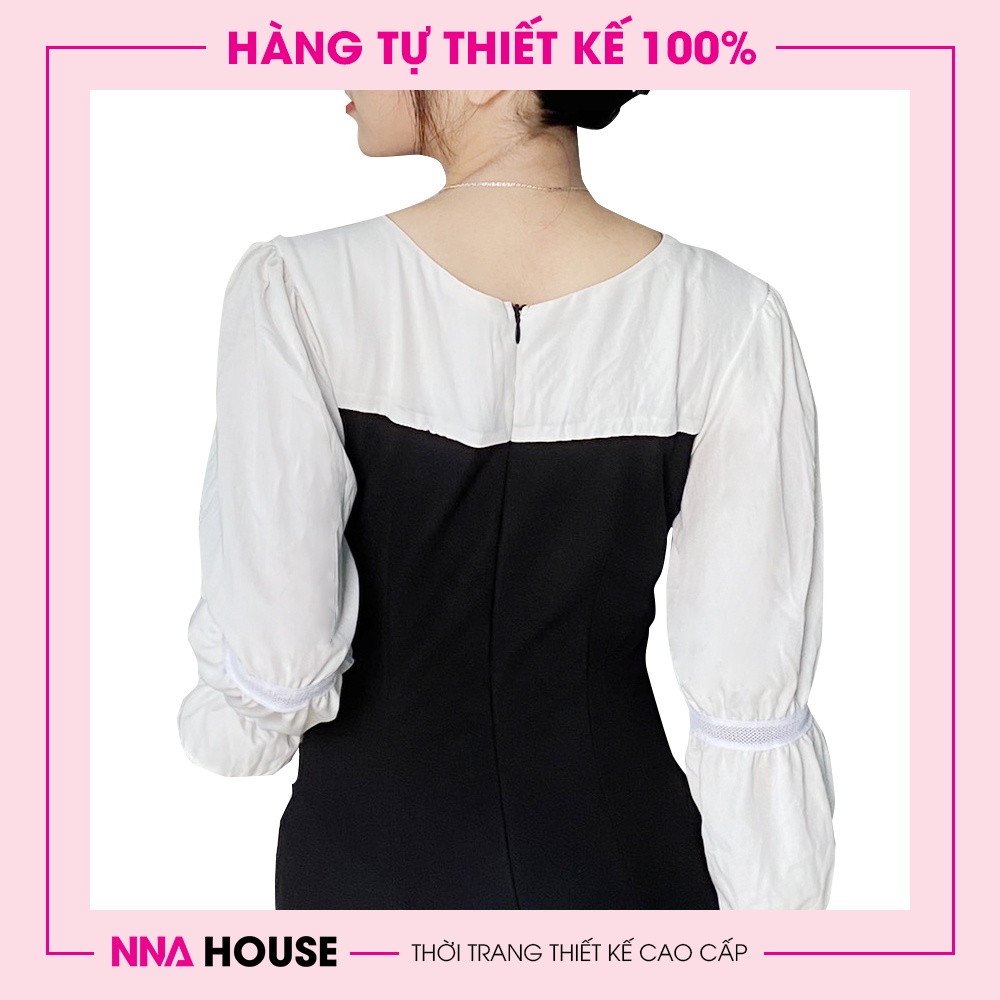 Váy dài tay phối đen trắng - Đầm thiết kế dáng xuông cổ trễ tay bồng sang trọng NNAHOUSE Mã NA213 | BigBuy360 - bigbuy360.vn
