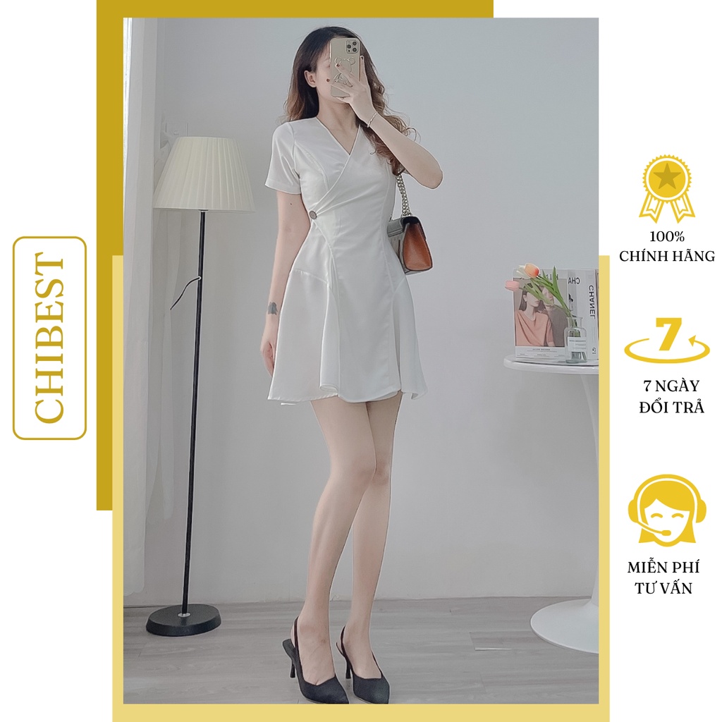 Đầm xòe ngắn cổ V vạc chéo nút eo chất liệu kaki  CHIBEST HDB87