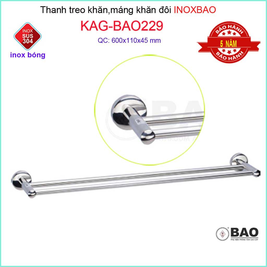 Thanh treo khăn đôi inox Bảo KAG-BAO229, vắt khăn nhà tắm SUS304 sáng bóng cao cấp siêu bền tiện dụng