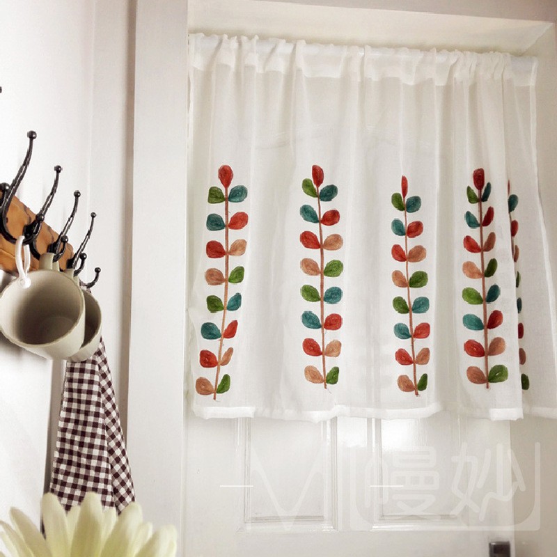 Rèm Cửa Ngắn Thêu Họa Tiết Lá Nhiều Màu Trang Trí Nhà Bếp