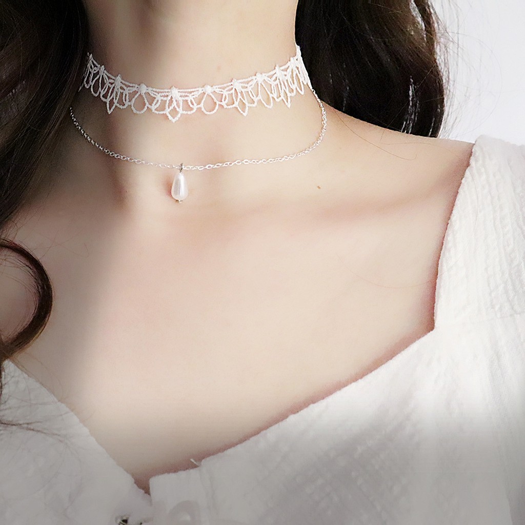 Choker ren trắng dây đôi phối ngọc giọt nước 💧💧💧