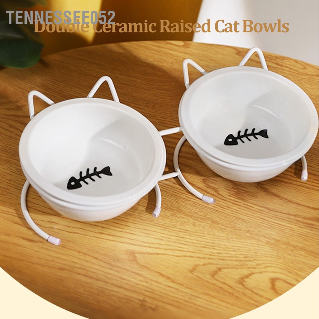 [Hàng Sẵn] Bát Ăn Bằng Sứ đôi cho mèo - Chén Ăn Chống Gù Có Đế Kim Loại【Tennessee052】