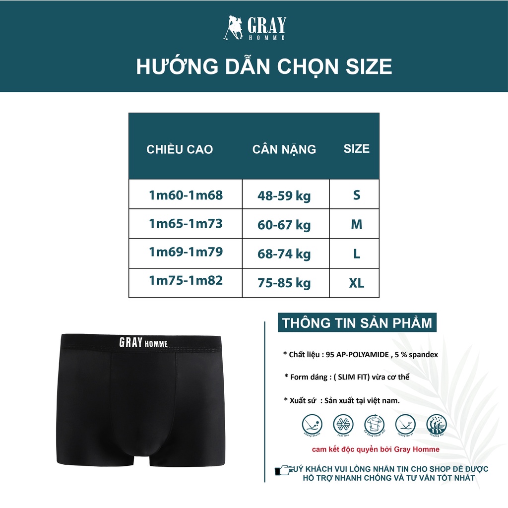 Quần sịp đùi Boxer nam GRAYHOMME vải dệt kim kháng khuẩn thấm hút cao cấp 100% thông hơi thoáng khí (SIP UP100)