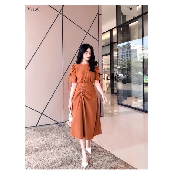 Đầm dáng ôm midi tay lỡ rút dây nhún thân (kèm ảnh thật) (HT)