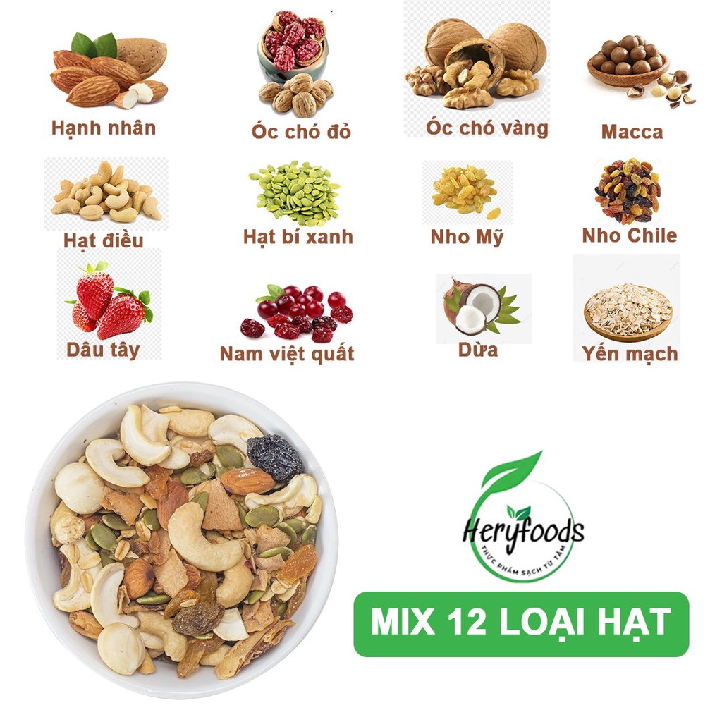 Ngũ cốc dinh dưỡng nguyên hạt granola ăn kiêng siêu hạt bổ sung thêm hạt óc chó, macca Heryfoods