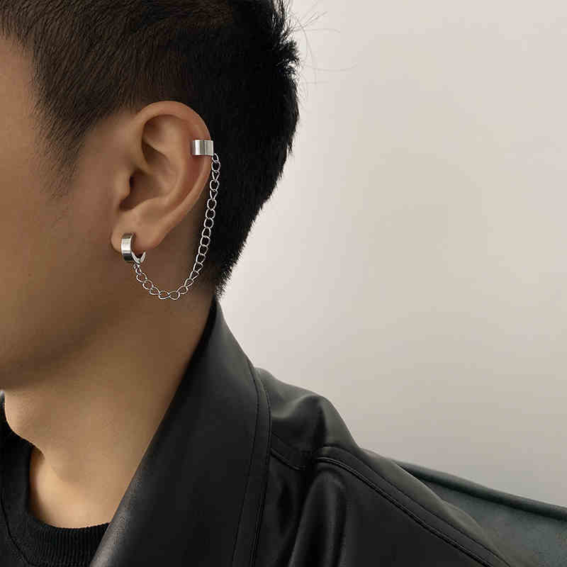 Phiên bản hàn quốc bông tai chuỗi kim loại bằng thép không gỉ / phong cách punk gothic không xỏ khuyên phụ nữ đàn ông kẹp tai rock quà tặng trang sức