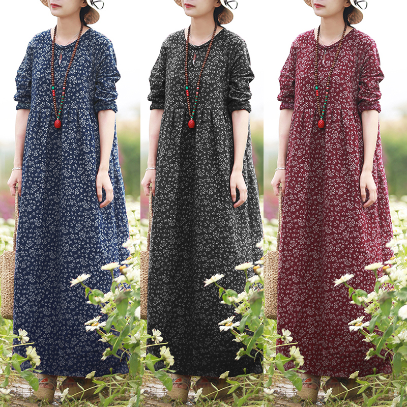 Đầm Maxi ZANZEA Tay Dài Họa Tiết Hoa Phong Cách Vintage Thời Trang Nữ
