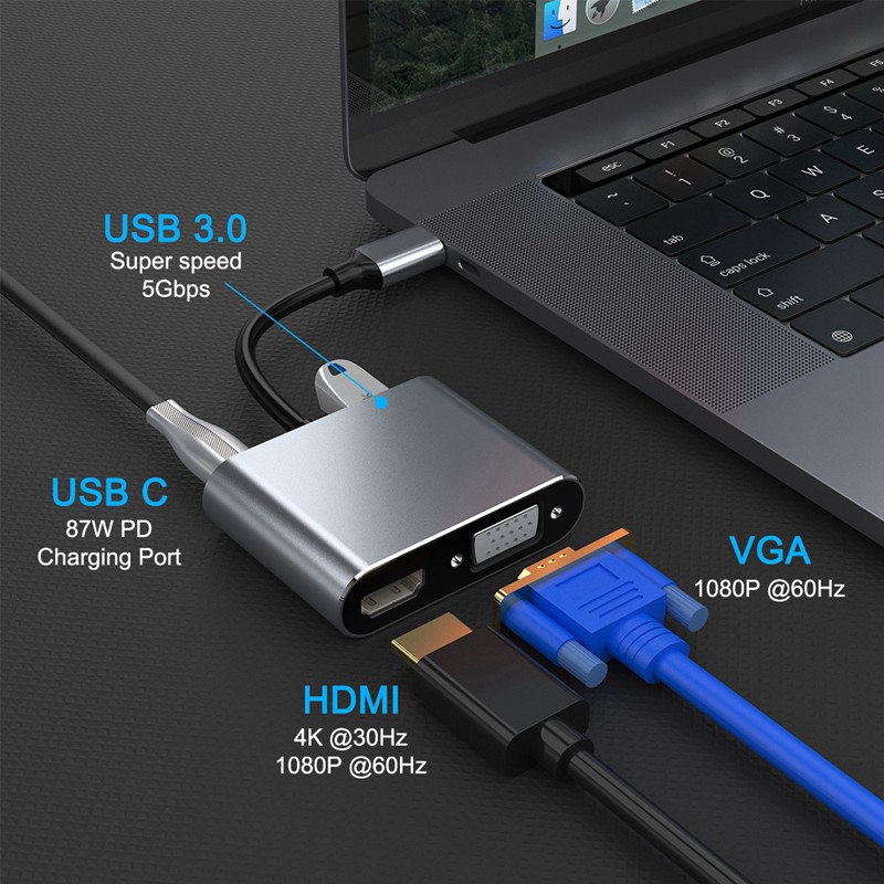 Đế Sạc Đa Năng 4 Trong 1 Usb C Sang Hdmi / Vga / Usb 3.0 / Pd Cho Macbook Hp Lenovo Surface