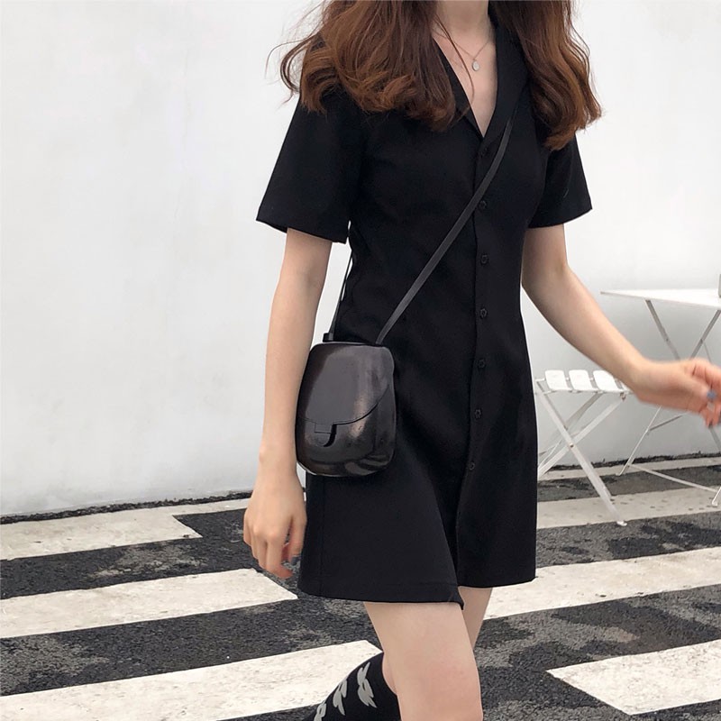 (ORDER) Váy sơ mi màu đen đơn giản Style Retro cá tính xuân hè 2020