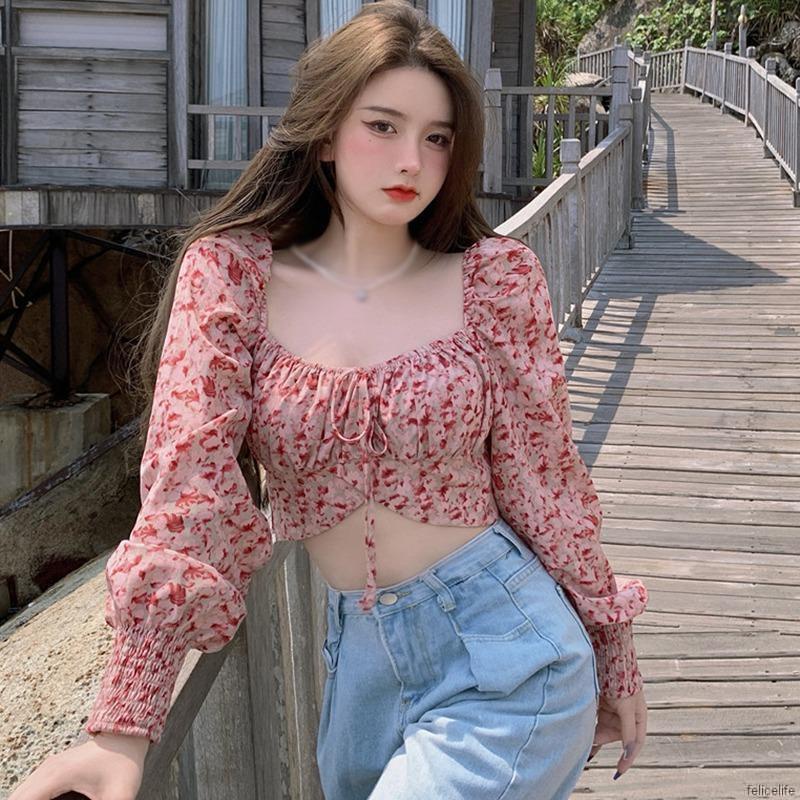 Áo Crop Top Vải Chiffon Cổ Vuông Tay Dài In Hoa Quyến Rũ Dành Cho Nữ