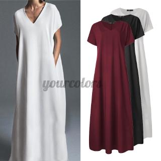 Đầm maxi tay ngắn phối túi thiết kế cổ chữ v thanh lịch