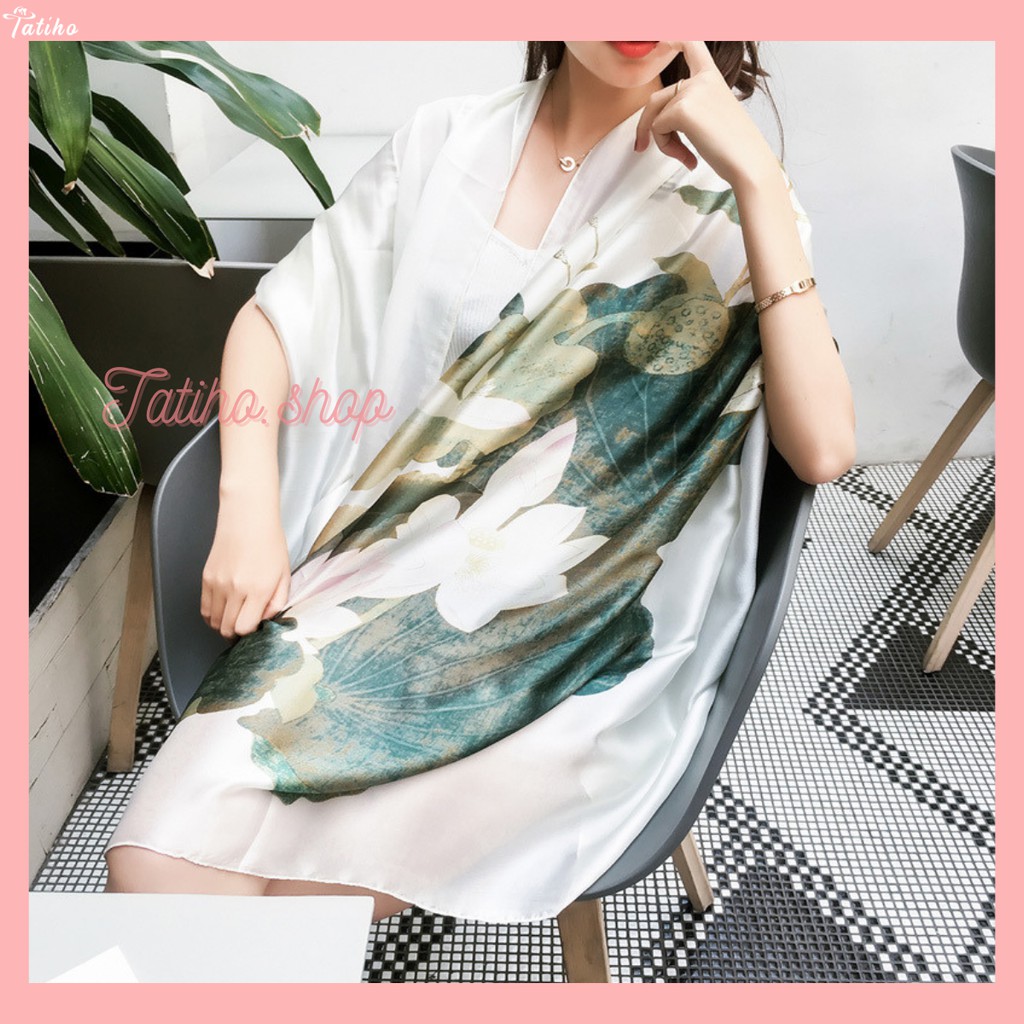 [Hàng Xịn, Giá Tốt] Khăn Choàng Quàng Cổ Lụa Cao Cấp Hoa Sen Sang Trọng - Chất Liệu Silk  - Size:90x190cm - Mã KS002